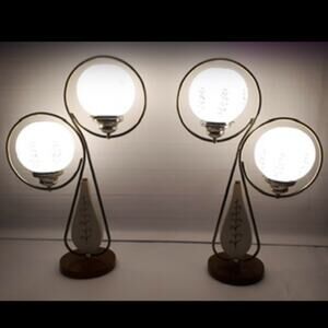 Pair Vintage Mid Century Modern Atomic Ring Table Lamps w Glass Globes Wood Base